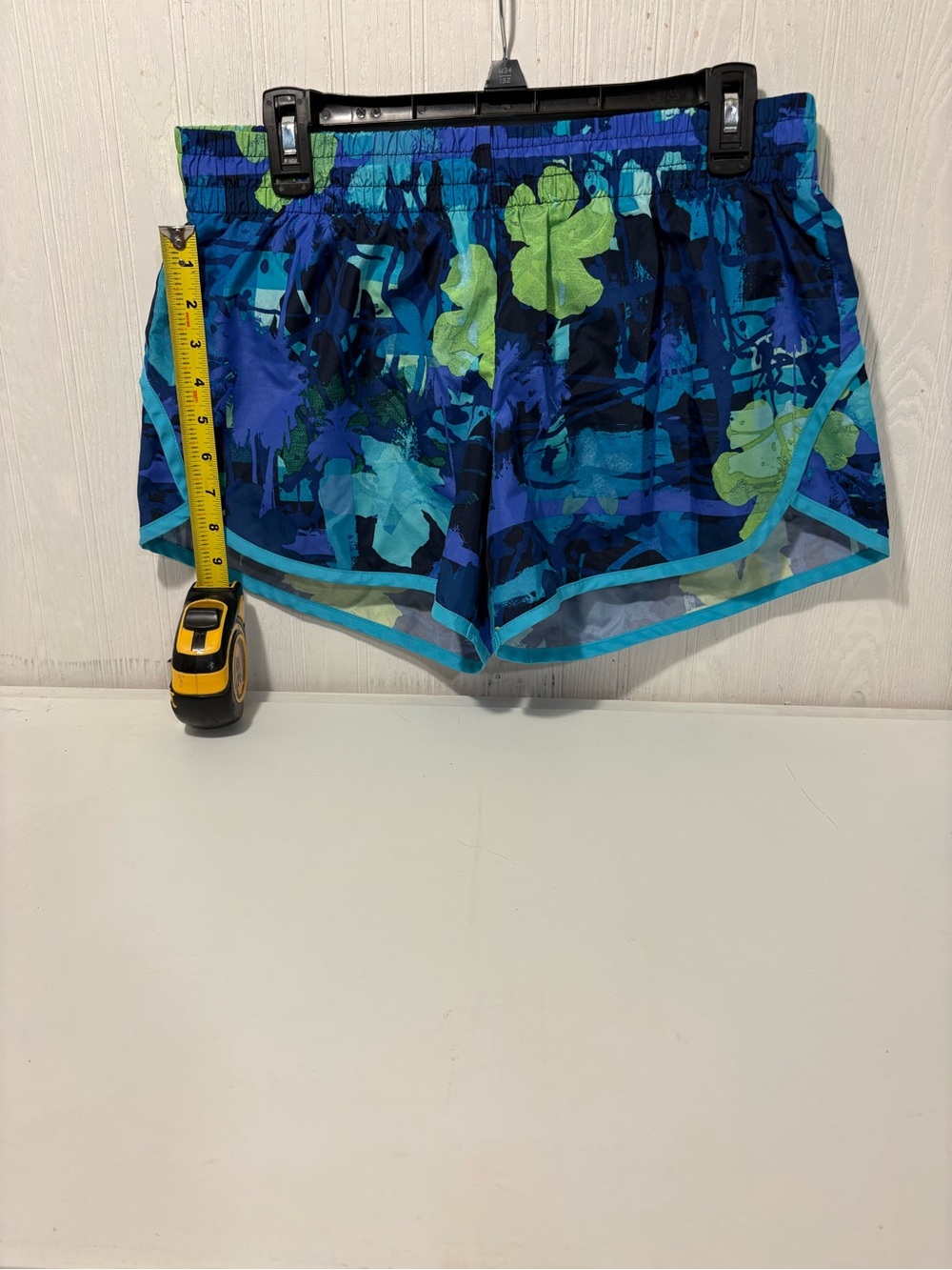Danskin Blue Floral-Print Athletic Shorts with Aqua Trim